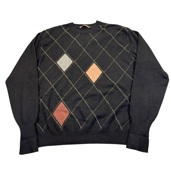 Cashmere Sweater Men's XL‎ Raffi Argyle Diamond Casual Preppy Black Pullover - Picture 1 of 8